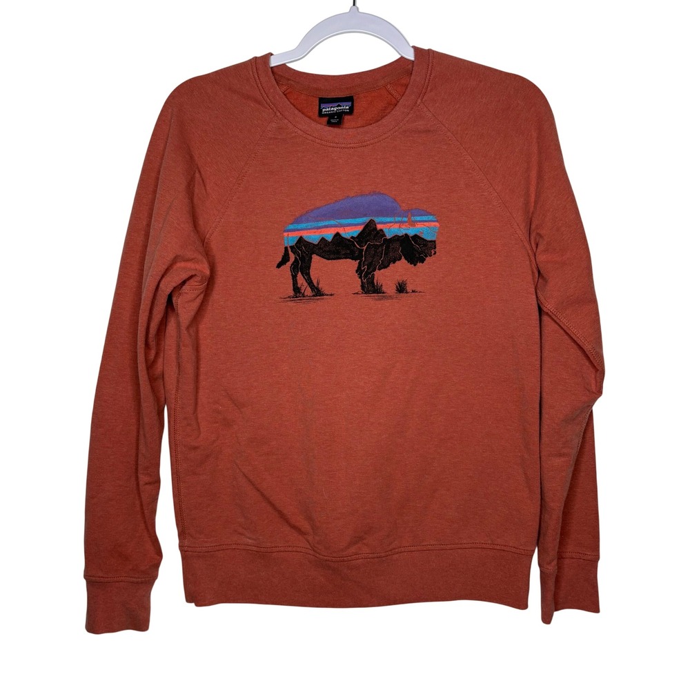 Patagonia Fitz Roy Bison Ahnya Crew Small Earthy Rust Organic Cotton Minimalist